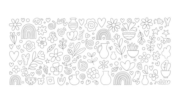 Creative seamless background of dashed line art doodles featuring cute rainbows, flowers, vases, leaves, and hearts.