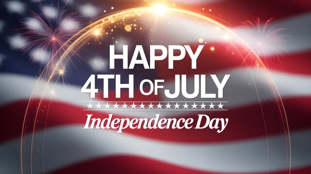 Happy fourth of july independence day celebration greeting card with glowing text and american flag background