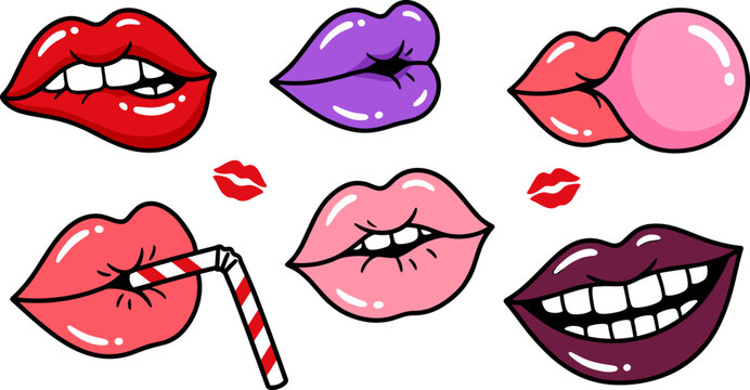 Pop Art Lips Icon Set with Red Biting Lip Purple Pout Pink Bubble Gum Drinking Straw and Smiling Teeth Graphic Designs