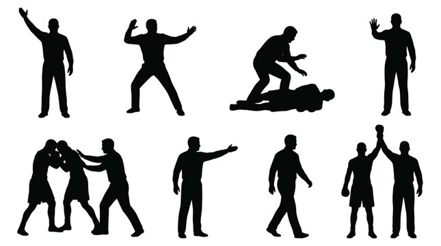 Set of human silhouettes featuring referee gestures and sports activities, judging, match officiating, victory celebration, competitive fight