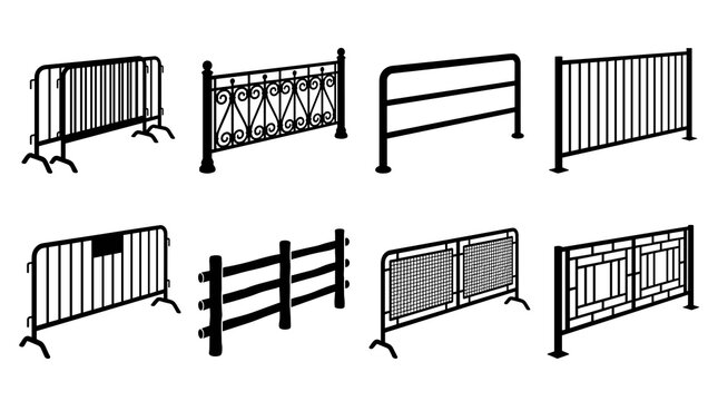 Set of eight black and white road barriers and temporary fencing elements for urban crowd control, construction safety, security perimeter, site