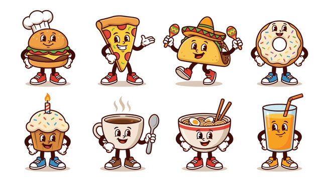 Set of retro mascot food items with arms and legs, featuring burger, pizza, taco, donut, cupcake, coffee, noodles, juice, fast food collection