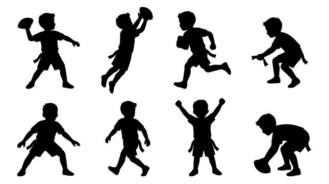 Set of silhouettes of children playing american football, action poses, running throwing and catching, athletic kids, sports activity, teamwork