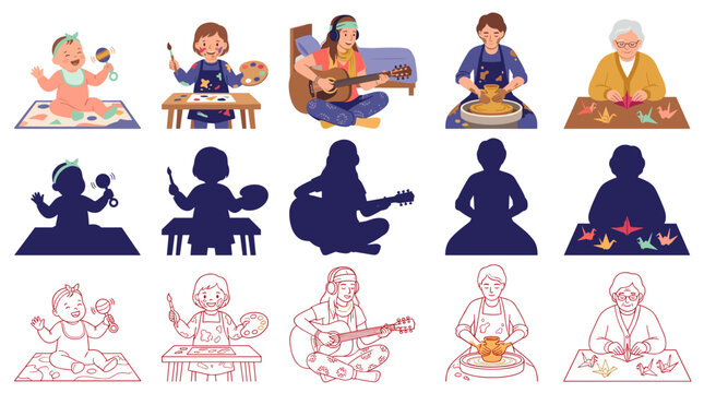 Set of flat vector illustrations depicting different life stages and hobbies, baby playing, artist painting, musician playing guitar, potter working