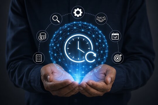 Hands holding glowing digital clock with interconnected technology icons on dark background