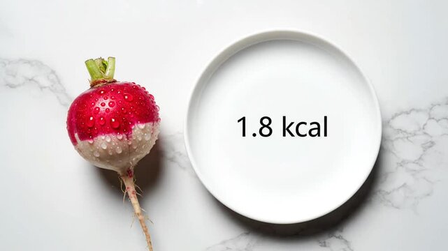 Radish and Empty Plate Presentation with Calorie Count Visual Representation on White Marble Surface
