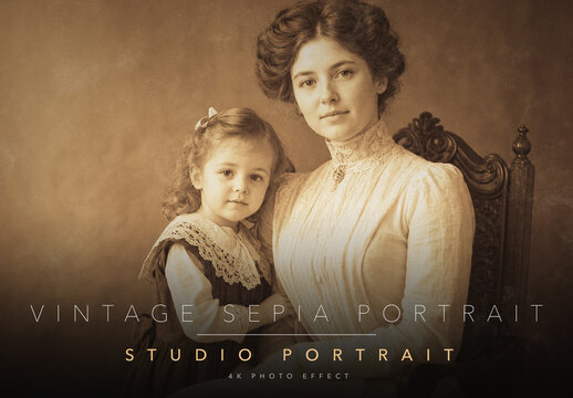 Vintage Sepia Photo Effect Template - Warm Antique Brown Tone Old Studio Portrait with Soft Focus Grain and Aged Paper Texture
