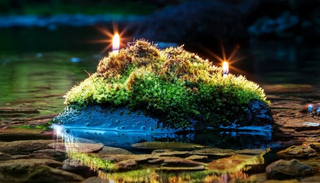 Iridescent Emerald Moss Patch On Wet River Stone Candlelit Glow
