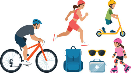 Outdoor Sports and Fitness Activity Set with Bicycle Riding Man, Running Woman, Scooter, Roller Skating Kid, and Backpack Vector Graphic Designs