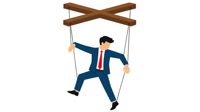 Businessman controlled as marionette puppet with strings, bold flat vector illustration depicting manipulation, corporate control, and lack of free will on clean white background