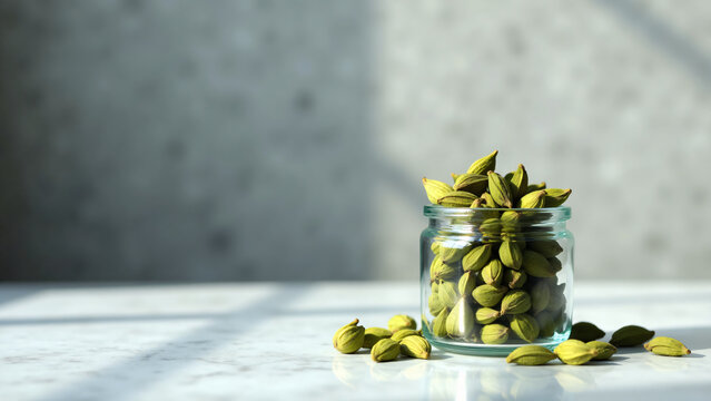 Cardamom Pods in Glass Jar on Marble Countertop