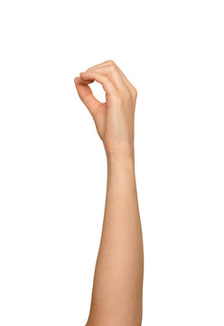 Left hand viewed from the pinky side holding a round shape. Woman s arm raised gripping an invisible