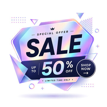 Modern holographic sale banner design with fifty percent off discount for retail marketing and e commerce promotion