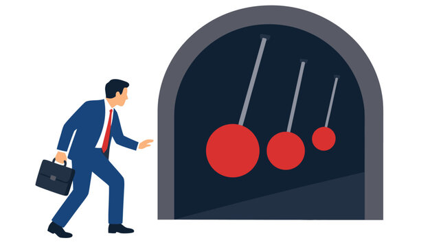 Businessman cautiously approaching tunnel entrance with swinging red pendulum obstacles, bold flat color vector illustration depicting workplace risk and challenge metaphor