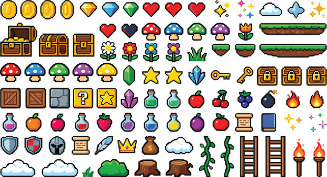 Creative arcade platformer game item bundle containing colorful fruits health bars weapon items and interface graphic vectors,