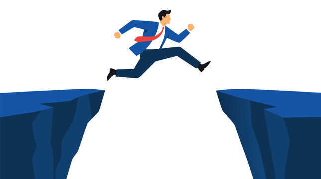Bold businessman leaping confidently across a wide chasm between two cliffs in flat color vector illustration, symbolizing risk-taking ambition, career breakthrough, and entrepreneurial courage