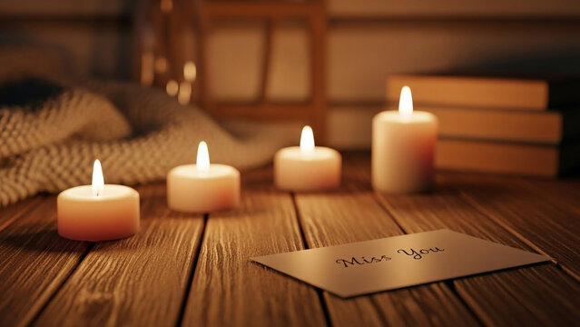 Miss You handwritten note card placed on rustic wooden table foreground near burning white pillar candles glowing in warm dark ambient bedroom background, remembrance sympathy love theme.