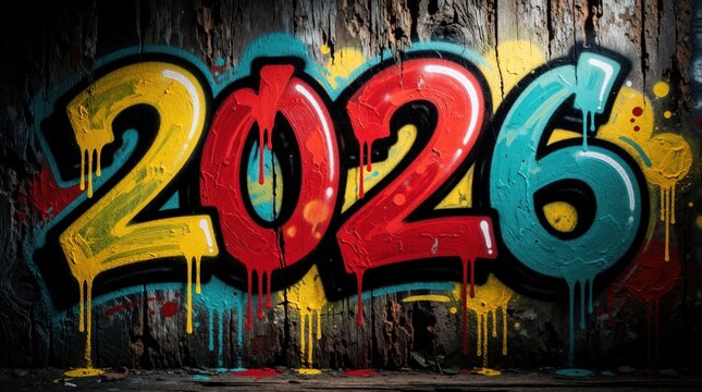 Vibrant graffiti numbers 2026 painted on old weathered wood texture. Colorful spray paint drips down rustic timber background. Urban street art style design for new year celebration futuristic event