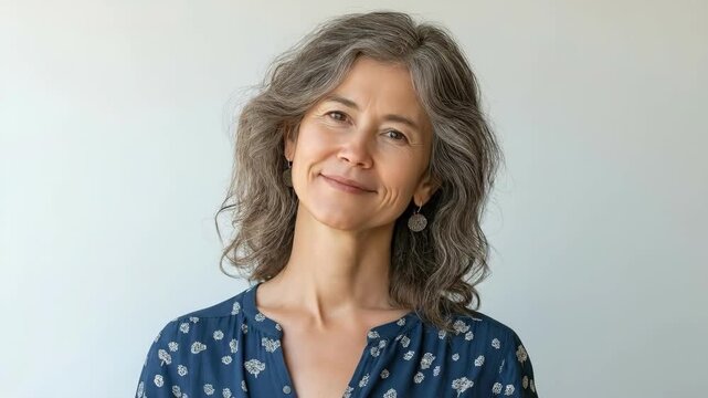 Mature caucasian woman with gray hair smiling in blue patterned blouse