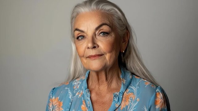 Elderly caucasian woman with long gray hair in floral blouse smiling