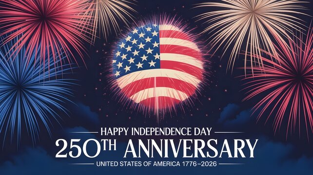 United states semiquincentennial 250th anniversary celebration with american flag and colorful fireworks display on dark blue background