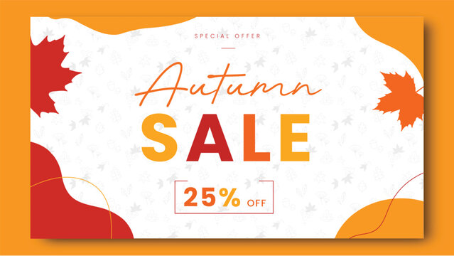 Autumn Sale Promotional Banner Template with Colorful Fall Leaves, Seasonal Discount Offer, Modern Orange Typography, Marketing Flyer, Social Media Header