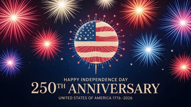 Happy independence day 250th anniversary celebration with american flag and colorful fireworks on dark blue background