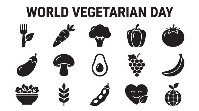 World Vegetarian Day icon set, black solid vegetable and fruit silhouettes, 15 healthy food elements for vegan lifestyle and organic nutrition