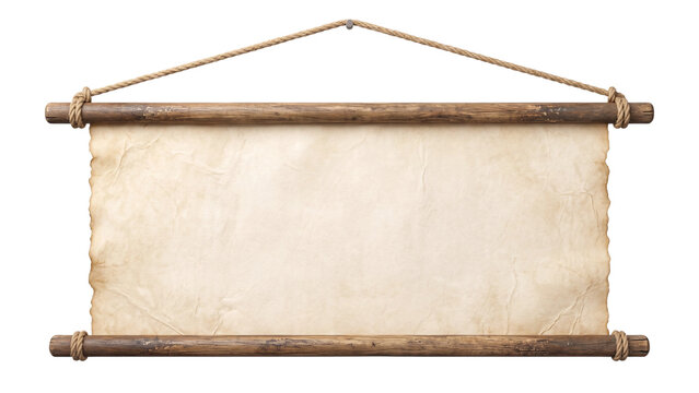 hanging blank parchment scroll isolated PNG, vintage banner on transparent background