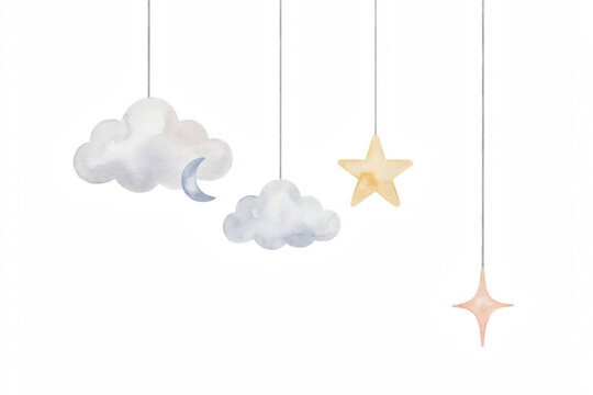 Watercolor painting of hanging clouds, a crescent moon, and stars on a white background, for nursery wall, and baby shower invitations