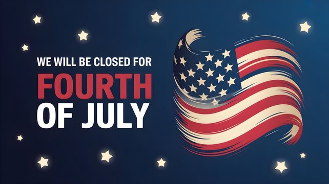We will be closed for fourth of july sign with american flag and stars on blue background