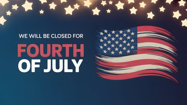 Fourth of july celebration banner with a waving american flag and glowing star lights on dark background