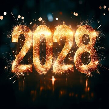 A Glowing 2028 Text Formed by Magical Bright Sparklers Set Against a Festive Blurred Night Bokeh