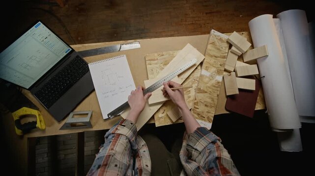 Overhead shot of unrecognizable carpenter measuring wooden board with metal ruler and pencil on workbench with laptop. Footage ideal for woodworking tutorials, DIY business promos, and craft education