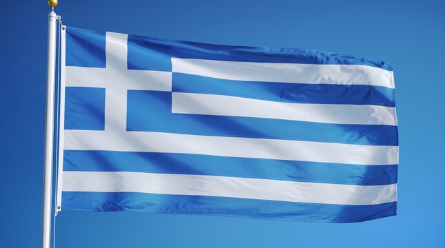 The national flag of Greece, featuring nine blue and white stripes and a white cross on a blue square, symbolizing freedom, faith, and cultural heritage.