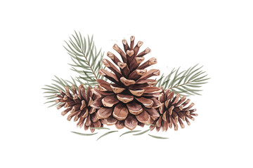 Fototapeta premium A cluster of three brown pine cones with green pine needles, hand-painted in watercolor style, isolated on a white background