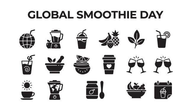 Global Smoothie Day icon set, black solid vector icons for healthy drinks and fruit shakes, 18 flat beverage symbols for wellness and nutrition