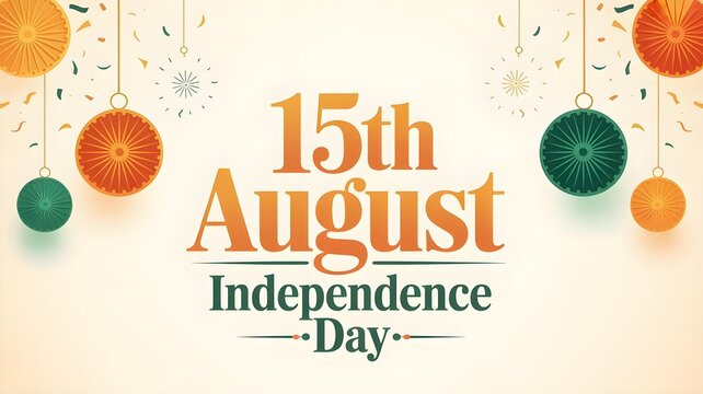 Decorative 15th august indian independence day background with hanging paper lanterns and festive typography design