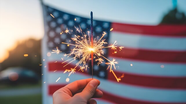 A hand holding a glowing sparkler with the american flag blurred in the background during a summer celebration