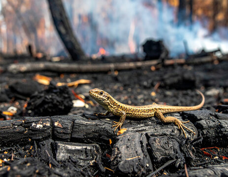 Lagarto sobre un bosque calcinado tras un incendio forestal, imagen del impacto del fuego en la naturaleza, fauna silvestre, la destrucci&oacute;n del h&aacute;bitat, la biodiversidad y la emergencia ambiental