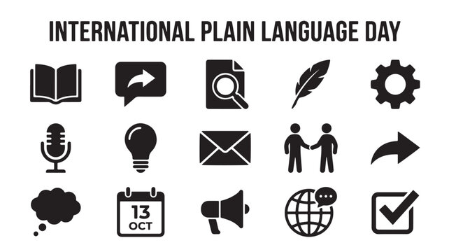 International Plain Language Day icon set, 15 black communication symbols for clear writing, professional literacy and global understanding vector collection