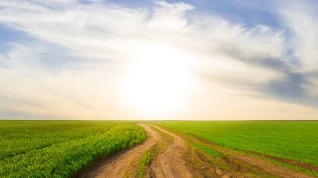 rural road through a green fields time lapse scene