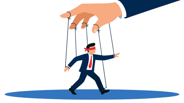 Businessman puppet controlled by giant hand strings, blindfolded marionette in suit being guided across floor, flat color vector illustration depicting manipulation, corporate control and lack of