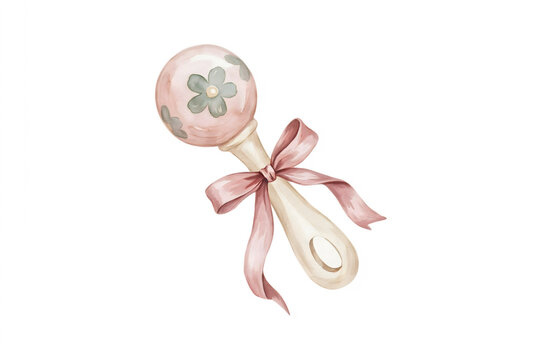 A cute baby rattle featuring a round head with grey flower motifs and a light pink ribbon bow, isolated on a white background, style