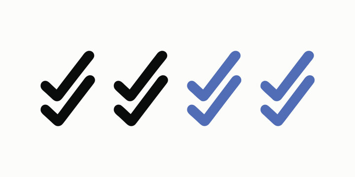 Set of double check mark icons in black and blue colors with checkmark verification approval complete positive selection agreement
