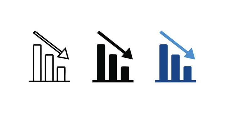 Bar chart financial decline business icons with downward arrow in line art solid black and professional blue styles business financial