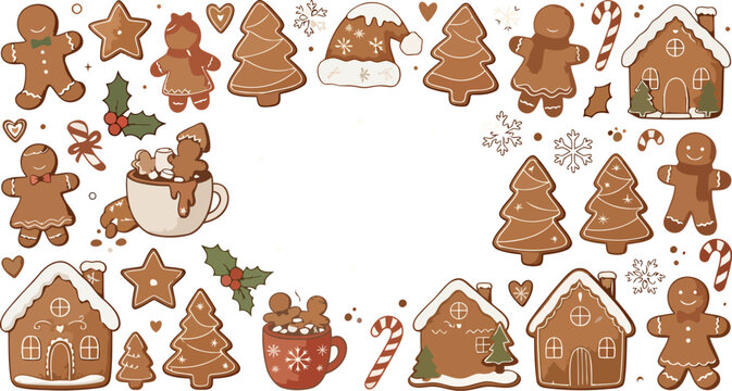 Christmas gingerbread cookies frame with gingerbread men, houses, trees, hot chocolate and candy canes