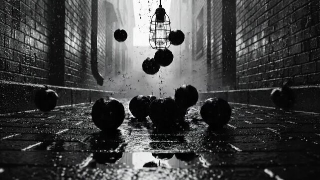 Rainy alleyway scene with hanging light bulb, cascading dark spheres, and brick walls creating dramatic ambiance