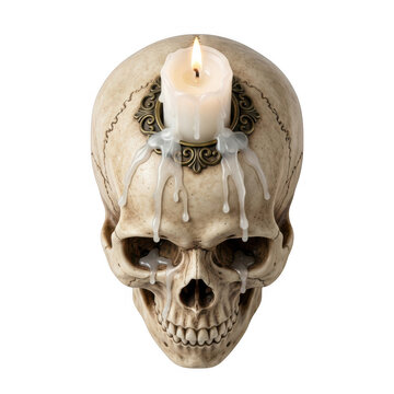 Human skull with a burning candle on top isolated on a transparent background