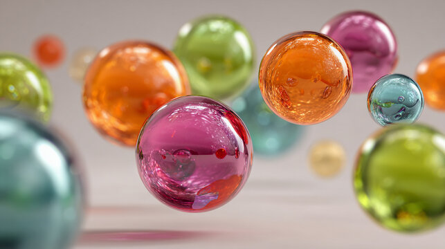 Colorful floating glossy spheres with transparent glass texture on light background